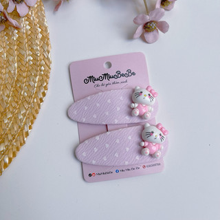Set 2 kẹp tóc tone hồng dính charm, kẹp bật caro charm dâu, kitty