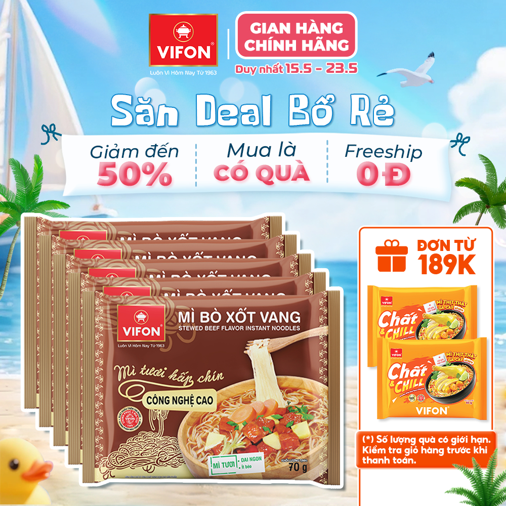[VOUCHER HOT 10%] Set 5 Gói Mì Tươi Bò Xốt Vang/Thịt Bằm/Tôm Chua Cay VIFON - Sợi Dai Ngon, 70g/Gói
