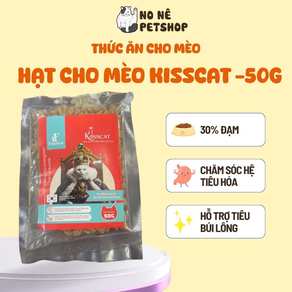 [GÓI THỬ 50G] Hạt cho mèo Kisscat 30% protein, Tiêu búi lông ở mèo giúp lông óng mượt