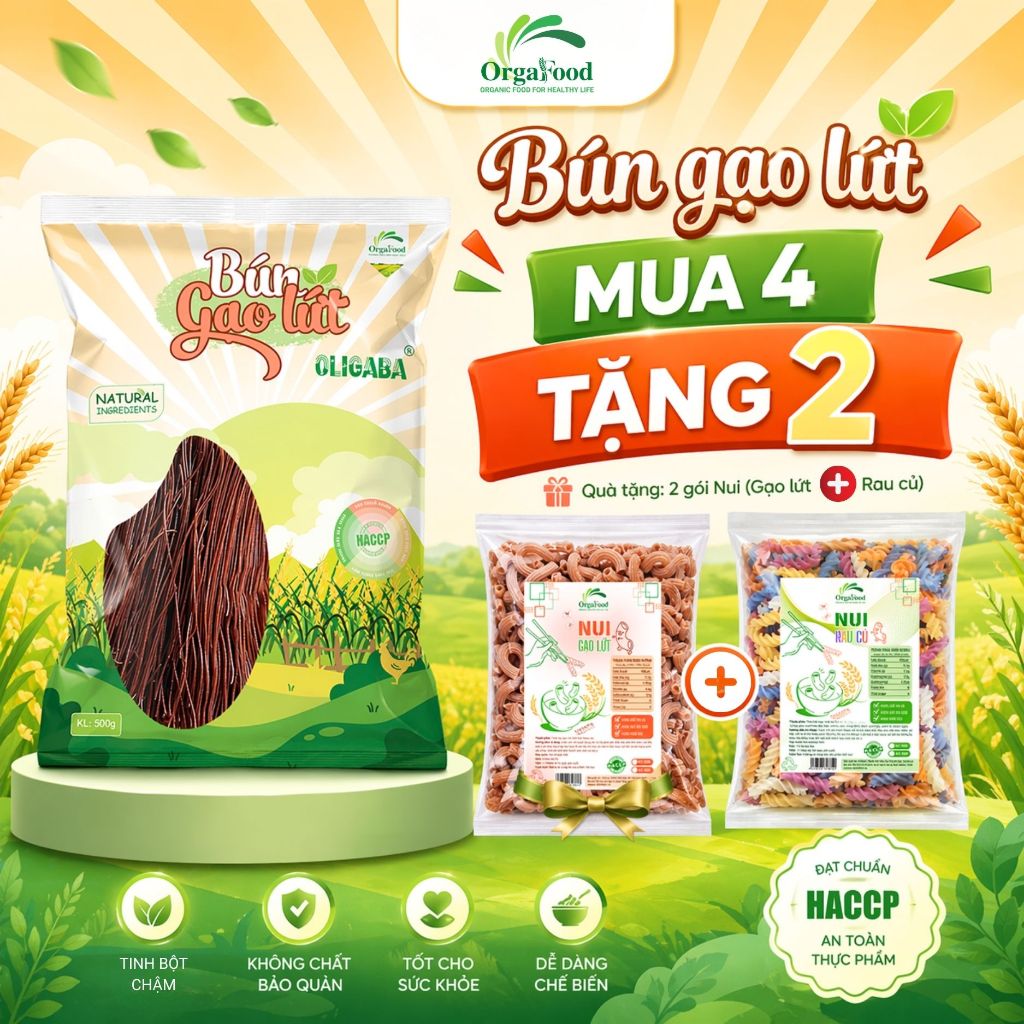 [COMBO SIÊU HỜI] Bún gạo lứt Orgafood Oligaba [Mua 4 500g tặng 2 nui 250g], ăn thực dưỡng, tiểu đường, ăn chay, healthy
