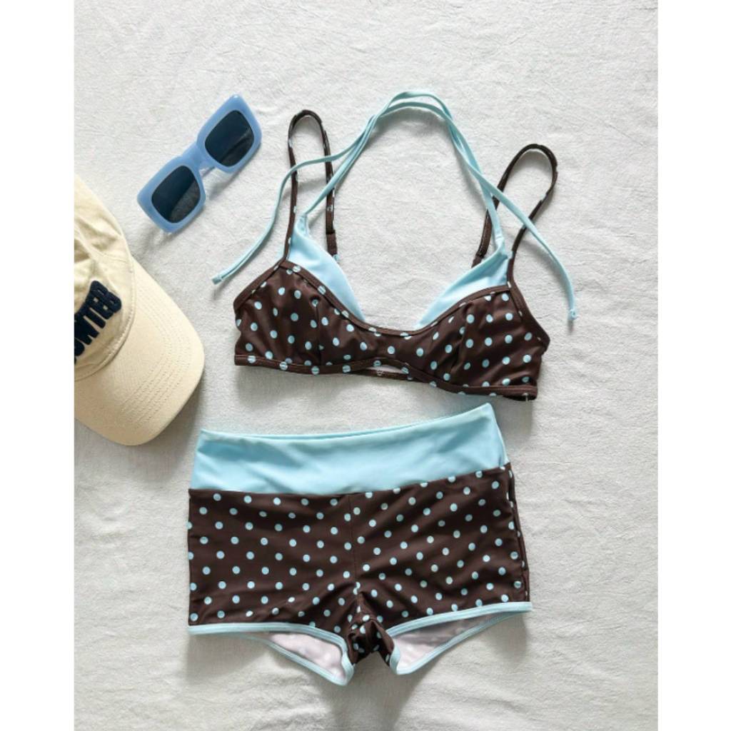 NUNG NIU - Set Bikini Chấm Bi Nâu Phối Xanh Mẫu Mới (Sẵn mút)