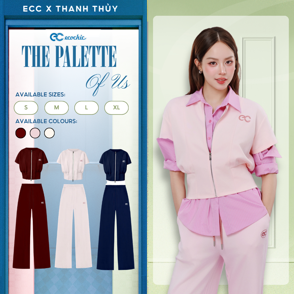 (ECC x Hương Giang) Set Bộ Áo Crop ECOCHIC B228 Áo Tay Ngắn Logo Thêu Quần Suông Cao Cấp Mềm Mịn