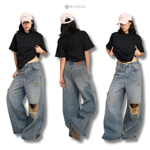 - JN213 - JN214 Quần Jean Ống Suông Rách - Trơn Bụi