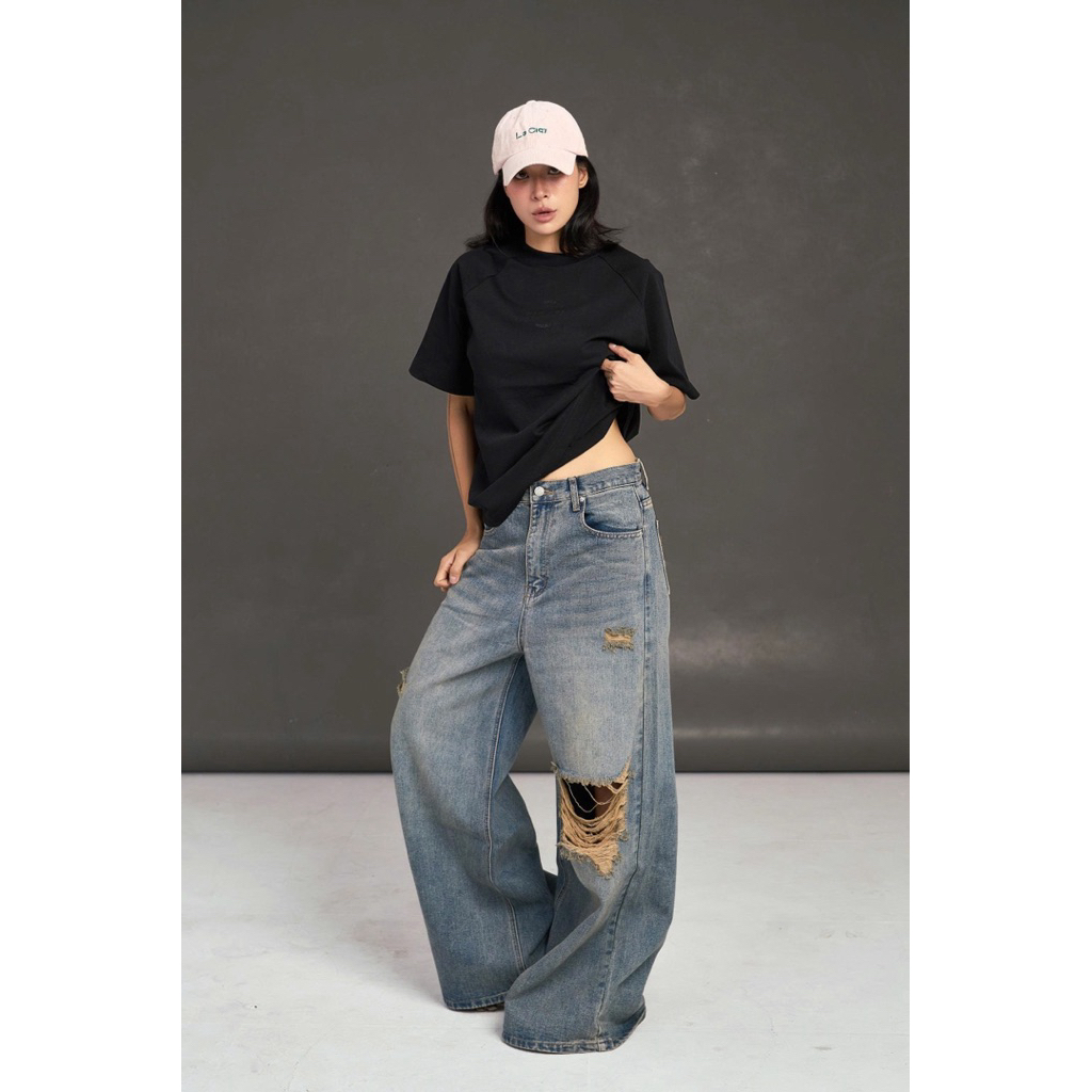 [MIDDUA] - JN213 - JN214 Quần Jean Ống Suông Rách - Trơn Bụi