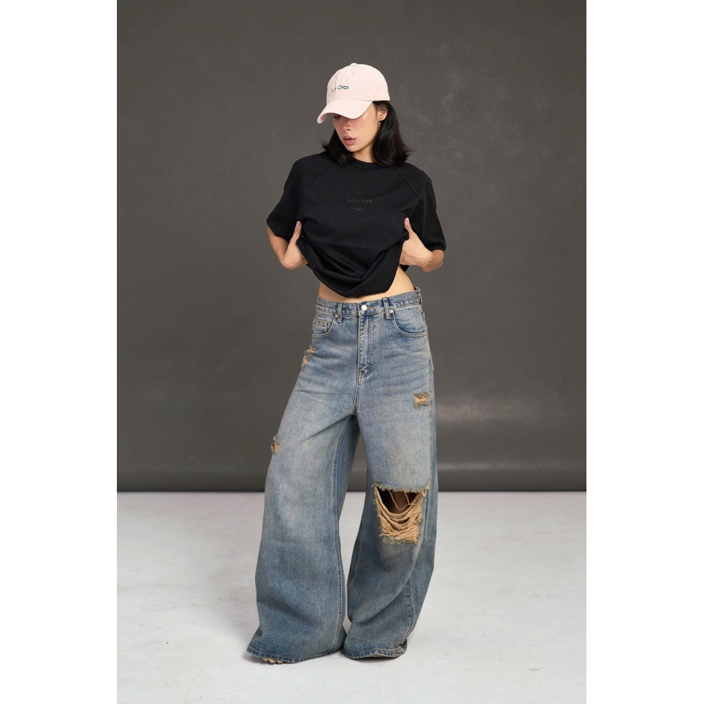 [MIDDUA] - JN213 - JN214 Quần Jean Ống Suông Rách - Trơn Bụi