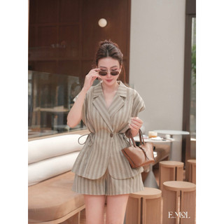 Set Bộ Kẻ Cổ Vest Cộc Tay Dây Buộc Mix Quần Cộc Thuyvantran