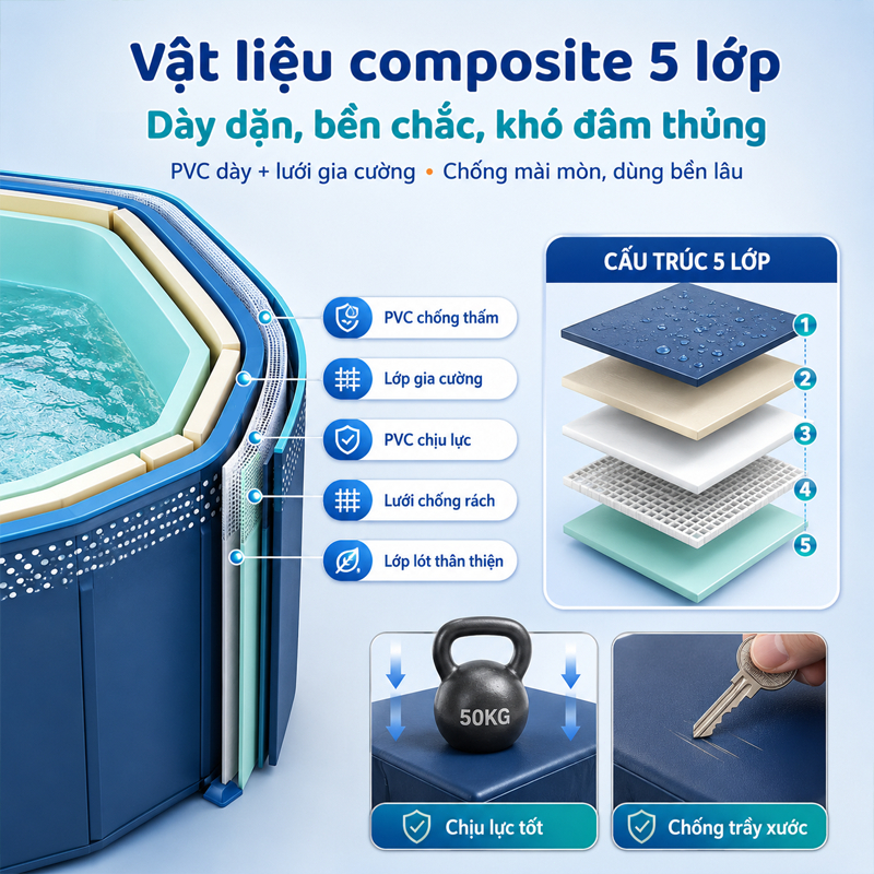 hồ bơi cho bé tại nhà,Bể bơi gấp gọn,Không cần cài đặt và lạm phát,chống mài mòn,dùng ngoài trời,PVC