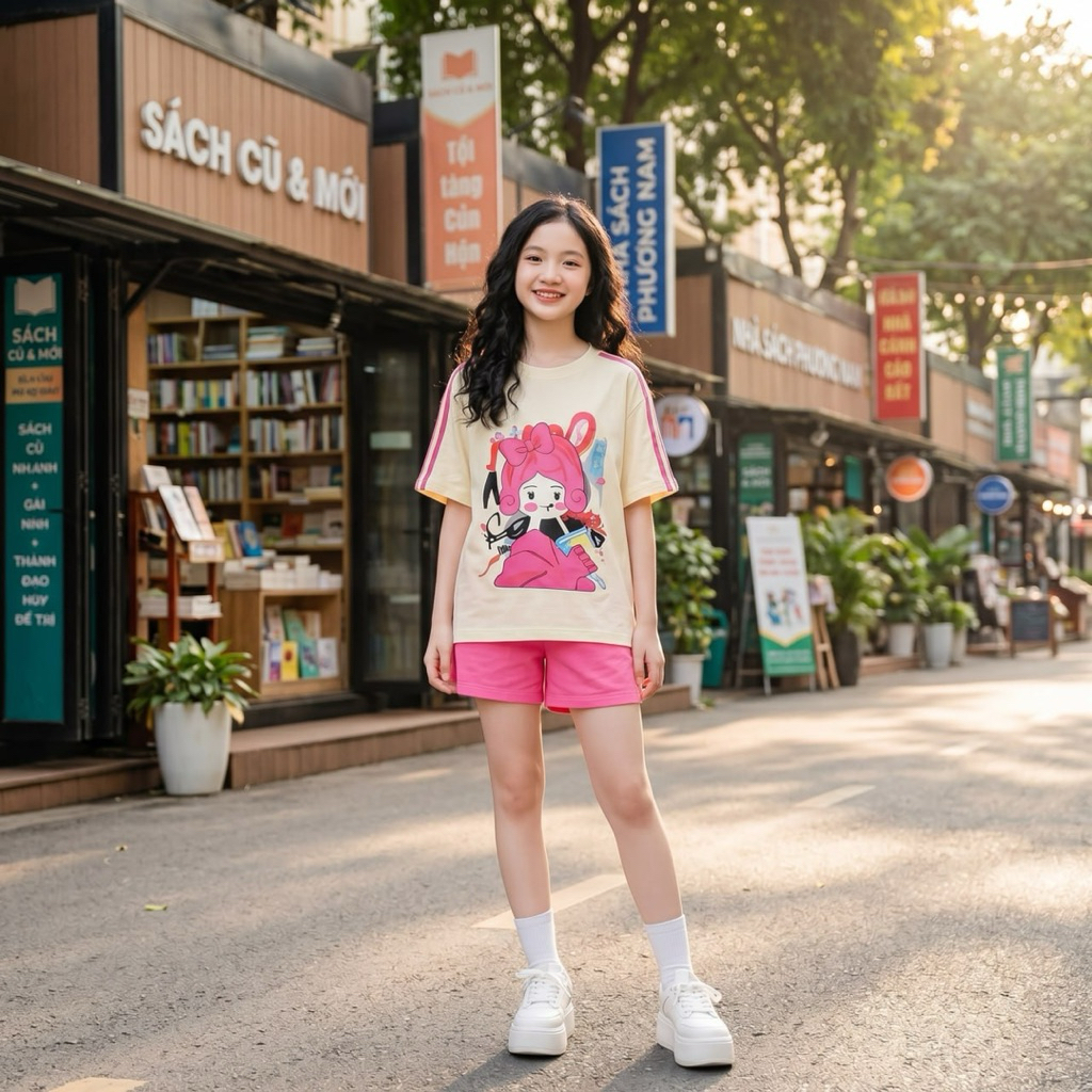 Áo cô gái tay viền hồng, Quần sooc cotton hồng đậm cho bé gái size đại BEESSHOP H26065A, H26065Q