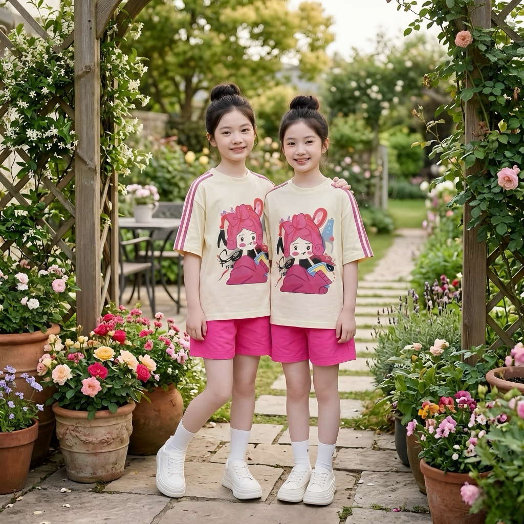 Áo cô gái tay viền hồng, Quần sooc cotton hồng đậm cho bé gái size đại BEESSHOP H26065A, H26065Q