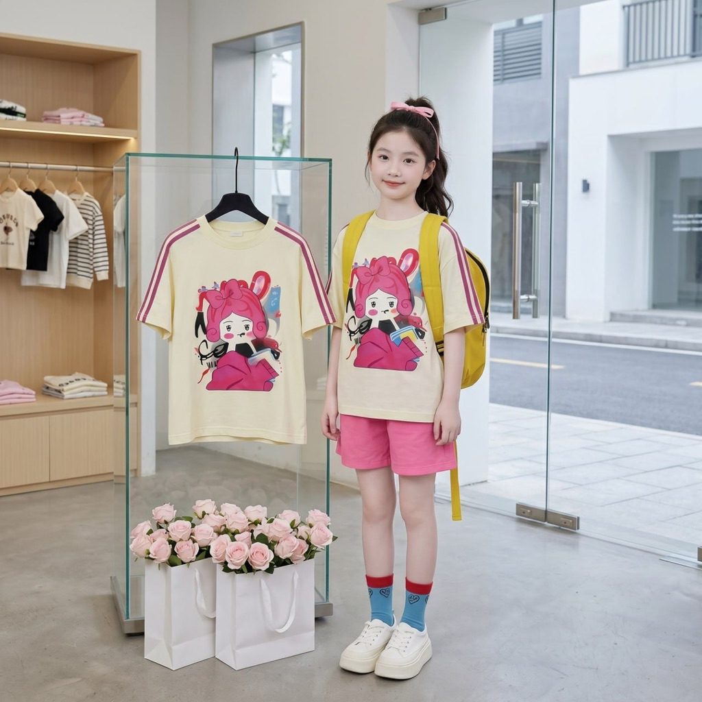 Áo cô gái tay viền hồng, Quần sooc cotton hồng đậm cho bé gái size đại BEESSHOP H26065A, H26065Q