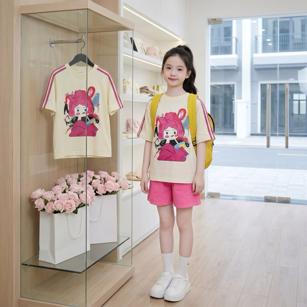 Áo cô gái tay viền hồng, Quần sooc cotton hồng đậm cho bé gái size đại BEESSHOP H26065A, H26065Q