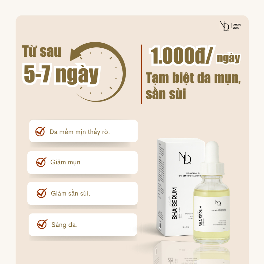 Tinh chất giảm mụn lưng, mụn mông, tẩy tế bào chết hóa học BHA SERUM ND 8% 15ml