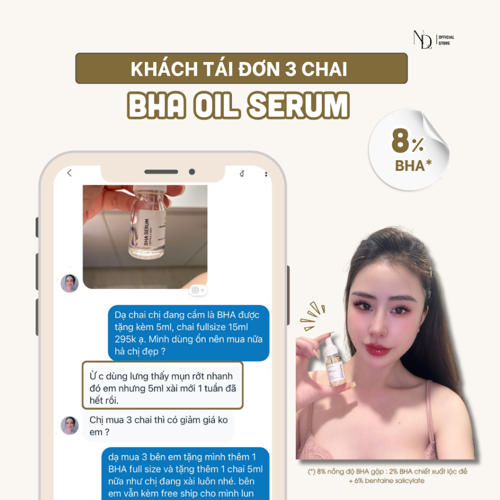 Tinh chất giảm mụn lưng, mụn mông, tẩy tế bào chết hóa học BHA SERUM ND 8% 15ml