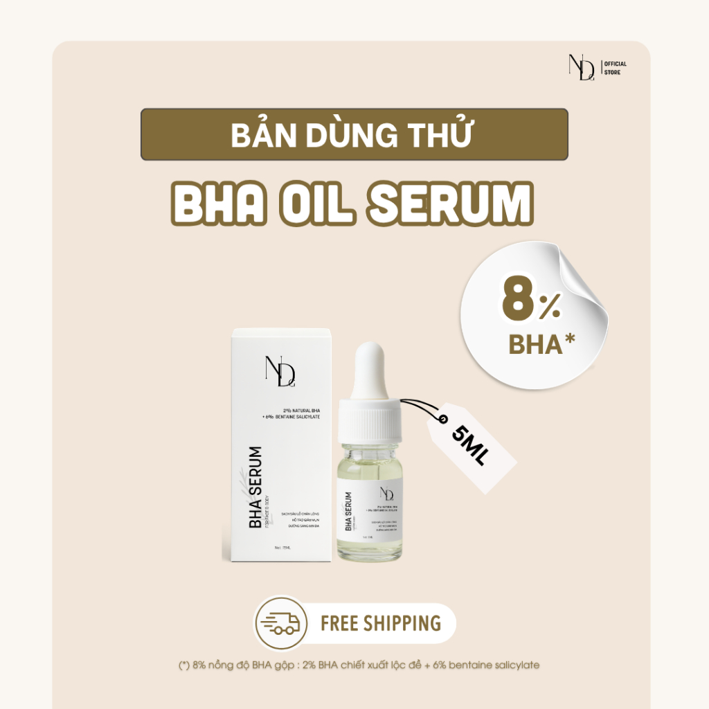 Tinh chất giảm mụn mông, mụn lưng, tẩy tế bào chết hóa học BHA SERUM ND 8% 5ml