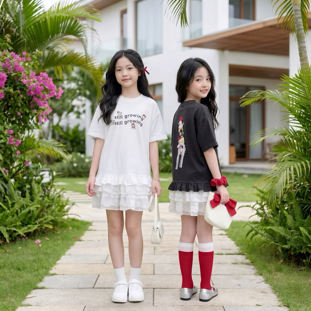 -Áo cotton khô phối bèo gấu cho bé gái size đại BEESHOP H26064