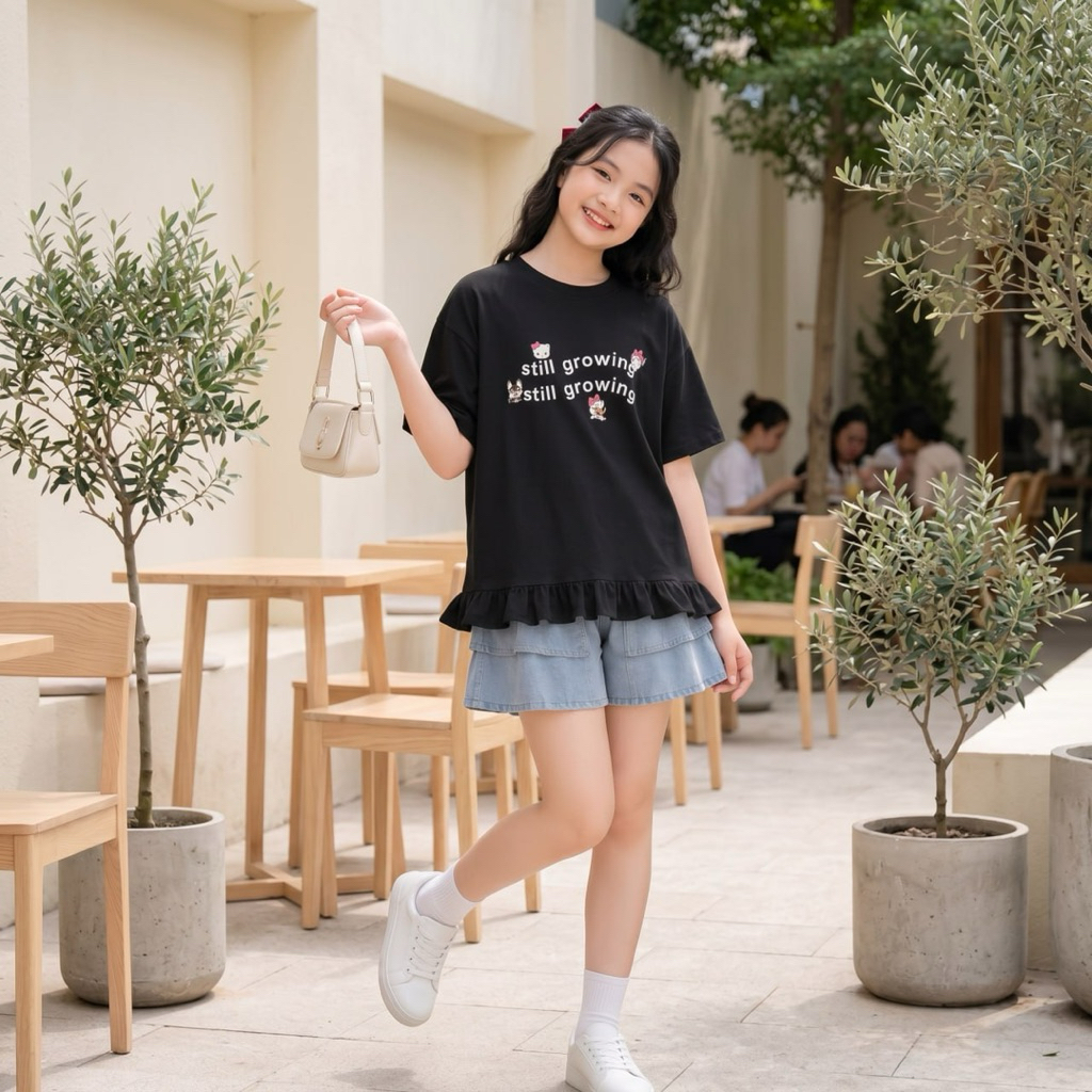 -Áo cotton khô phối bèo gấu cho bé gái size đại BEESHOP H26064