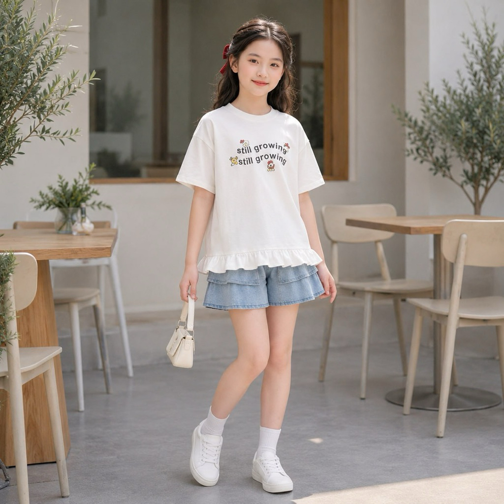 -Áo cotton khô phối bèo gấu cho bé gái size đại BEESHOP H26064