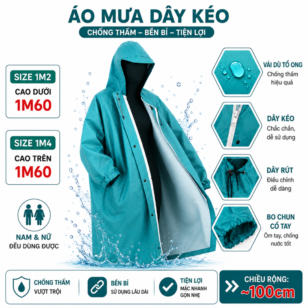 Áo Mưa Dây Kéo Vải Dù Tổ Ong Cao Cấp Size 1m2-1m4 Hàng Xưởng Việt Nam