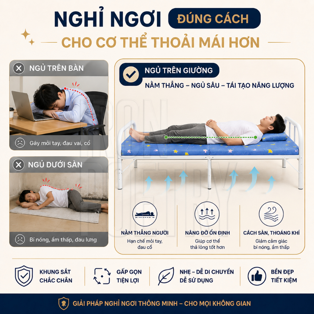 Giường Ngủ Trưa Văn Phòng IRONPO Gấp Gọn Nhẹ Khung Thép Chịu Lực