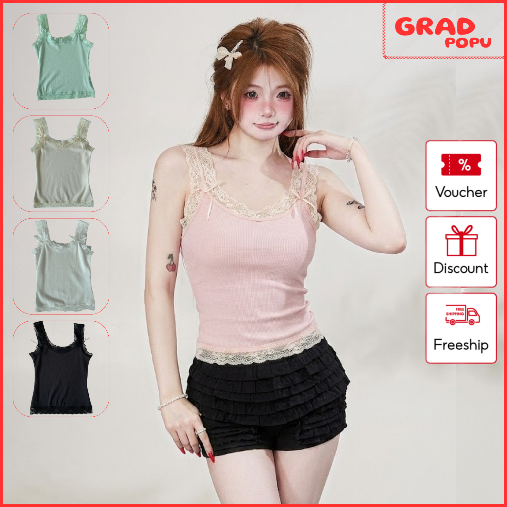 Áo 2 dây nữ GRADPOPU phối ren gợi cảm ôm body tôn dáng vải thun gân mềm mát phong cách Hàn Quốc PB52