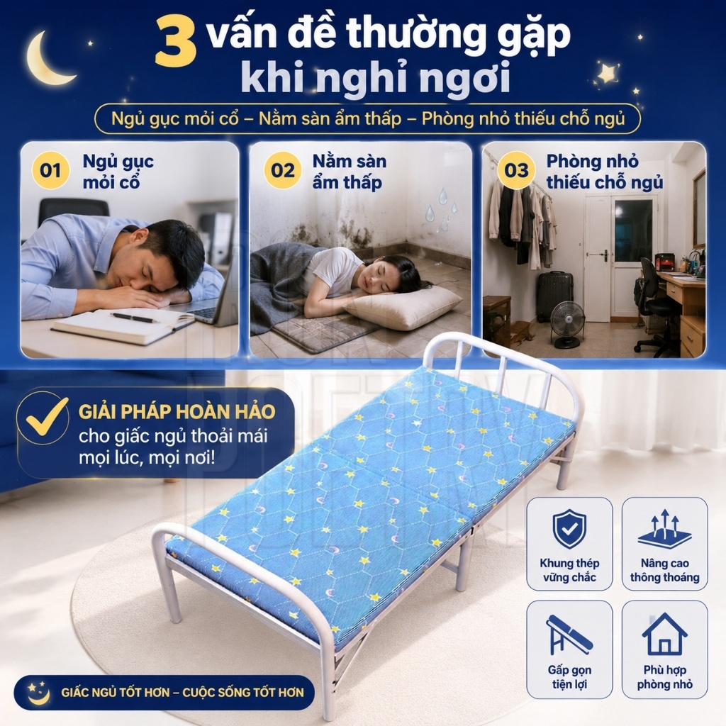 Giường Ngủ Trưa Văn Phòng IRONPO Gấp Gọn Nhẹ Khung Thép Chịu Lực