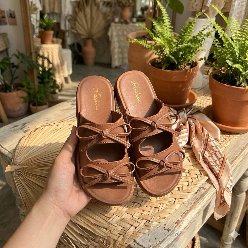 Dép nữ 2 quai đính nơ mẫu mới, đế êm mềm chân cao 4cm - Dép nữ thời trang
