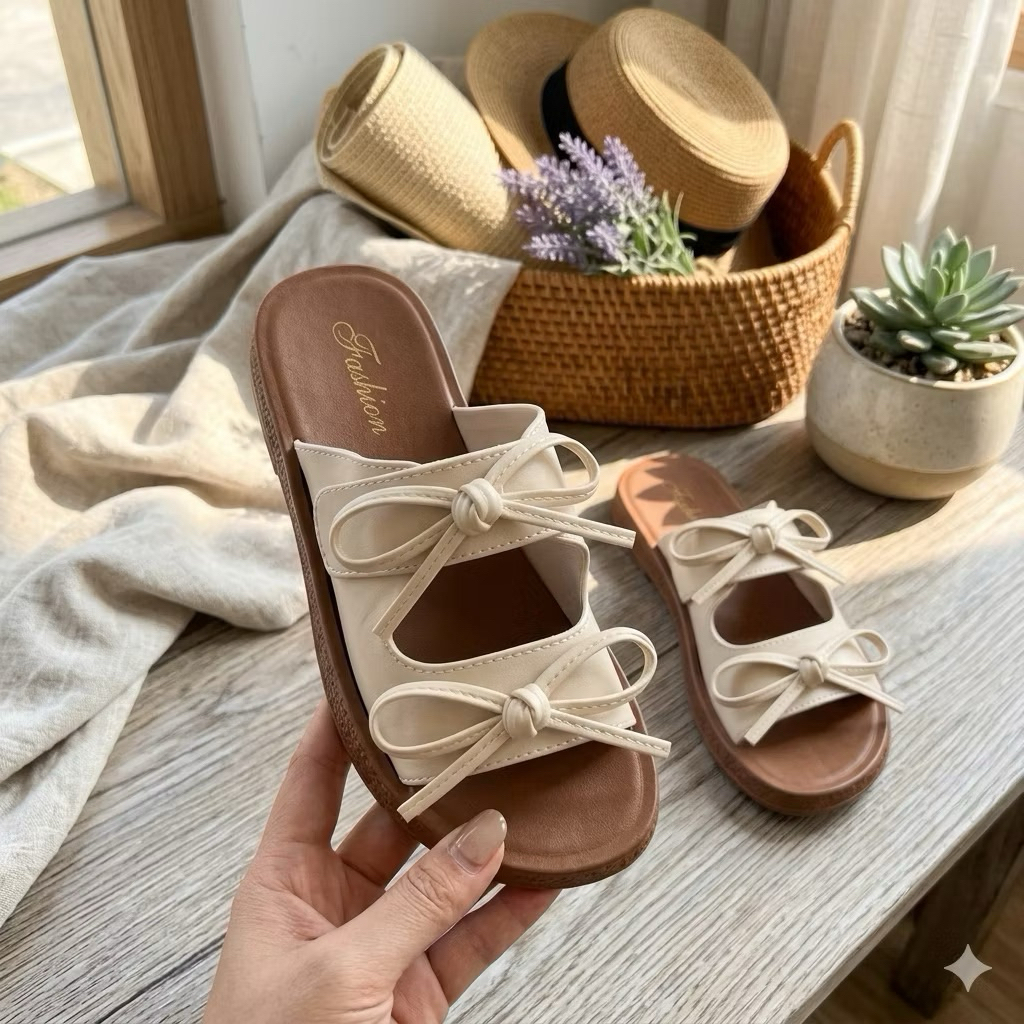 Dép nữ 2 quai đính nơ mẫu mới, đế êm mềm chân cao 4cm - Dép nữ thời trang