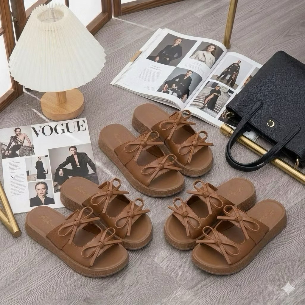 Dép nữ 2 quai đính nơ mẫu mới, đế êm mềm chân cao 4cm - Dép nữ thời trang