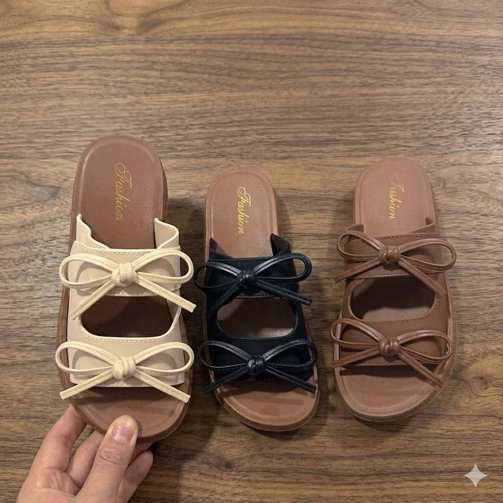 Dép nữ 2 quai đính nơ mẫu mới, đế êm mềm chân cao 4cm - Dép nữ thời trang