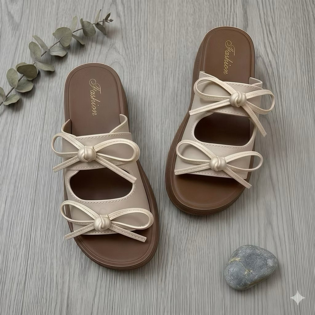 Dép nữ 2 quai đính nơ mẫu mới, đế êm mềm chân cao 4cm - Dép nữ thời trang