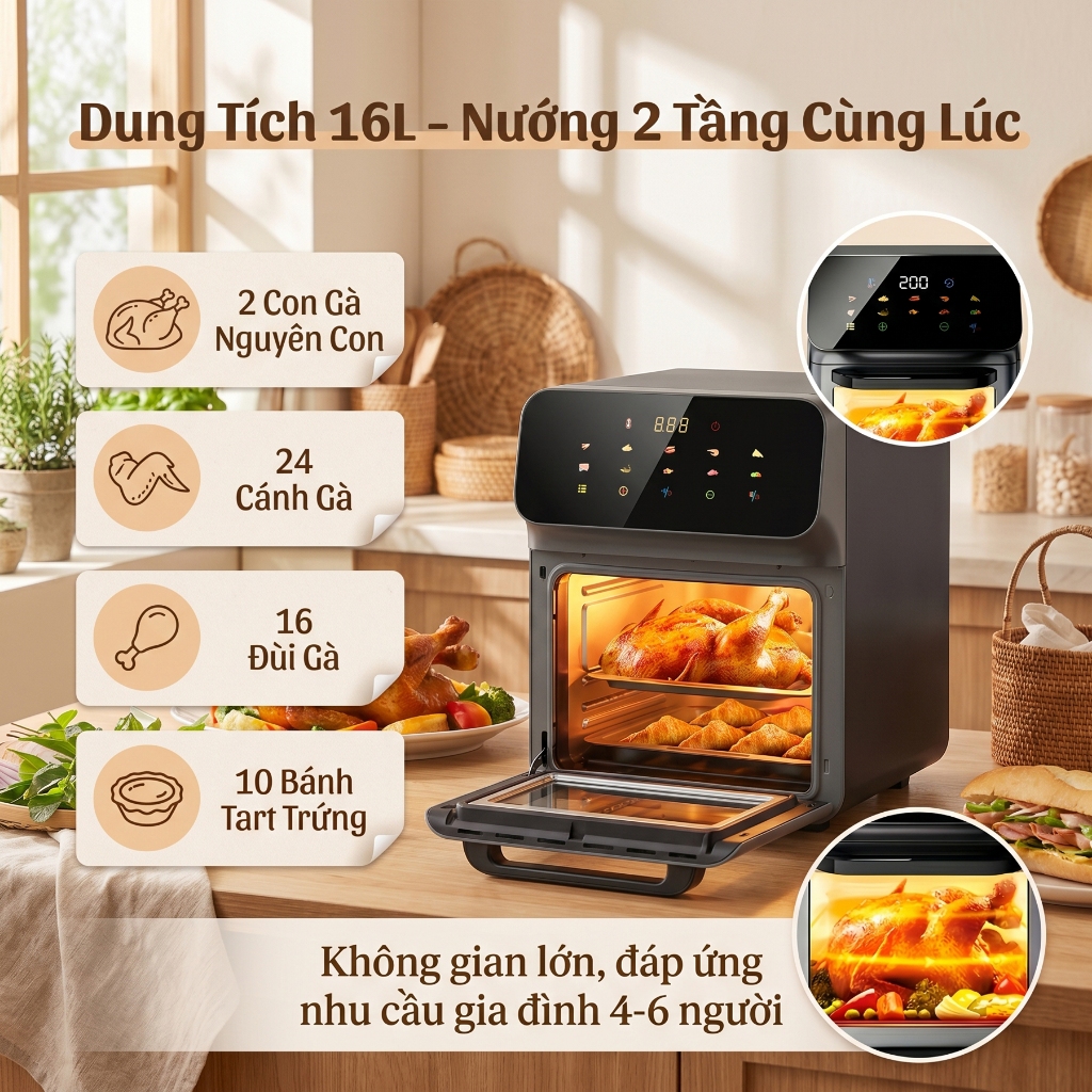 TIXX Nồi chiên không dầu 3D 360° công nghệ làm nóng có cửa kính quan sát Nồi chiên không dầu