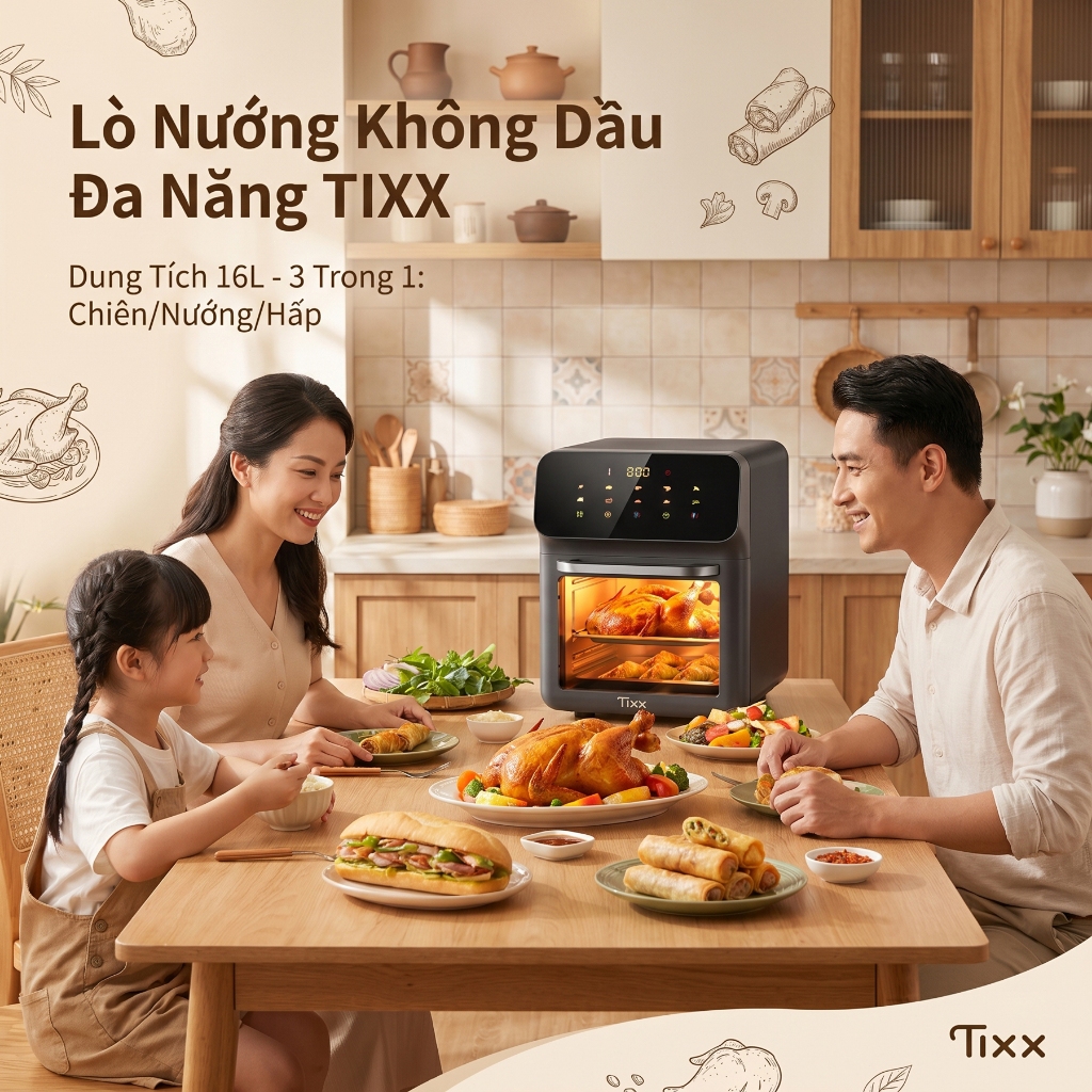 TIXX Nồi chiên không dầu đa năng 1350W đều 360 độ Kính trong suốt xem trực tiếp