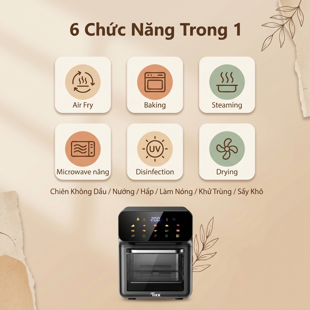 TIXX Nồi chiên không dầu 3D 360° công nghệ làm nóng có cửa kính quan sát Nồi chiên không dầu