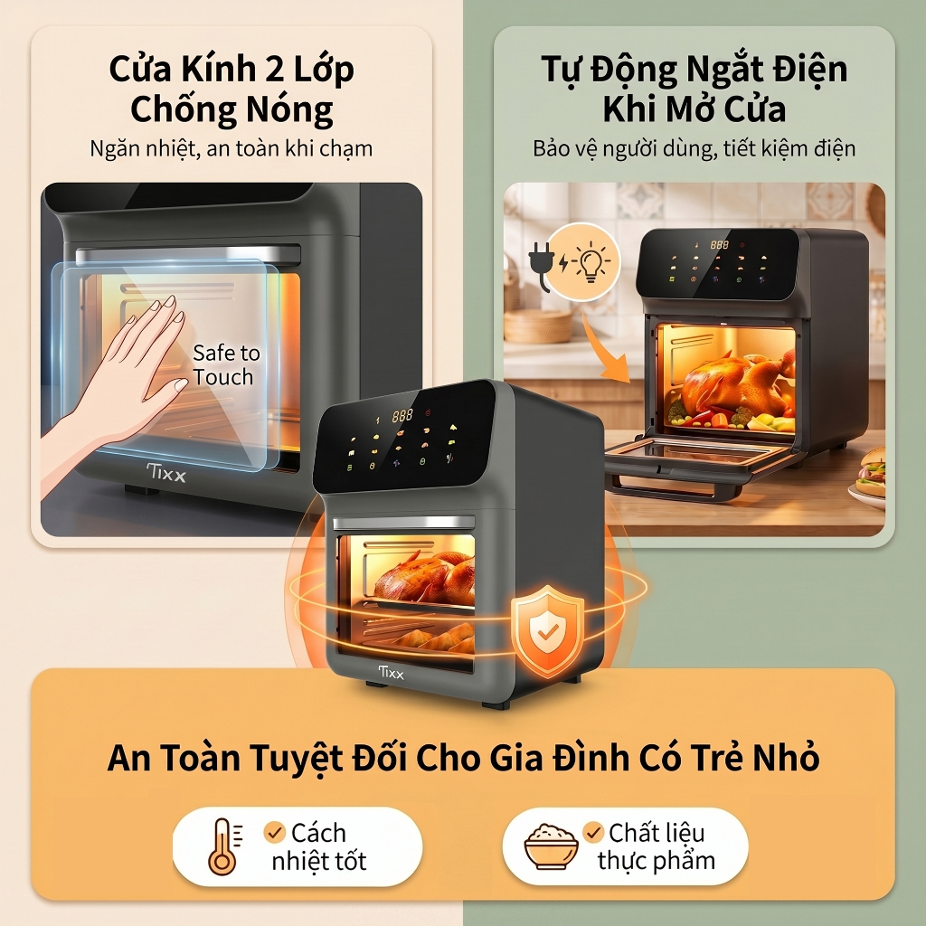 TIXX Nồi chiên không dầu 3D 360° công nghệ làm nóng có cửa kính quan sát Nồi chiên không dầu