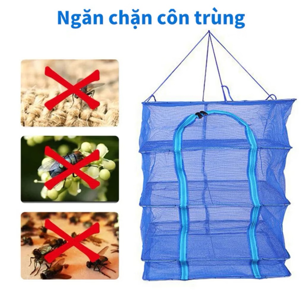 Túi Lưới - Lồng lưới phơi khô thực phẩm , phơi cá chống côn trùng treo 4 tầng để phơi cá khô có thể xếp gọn
