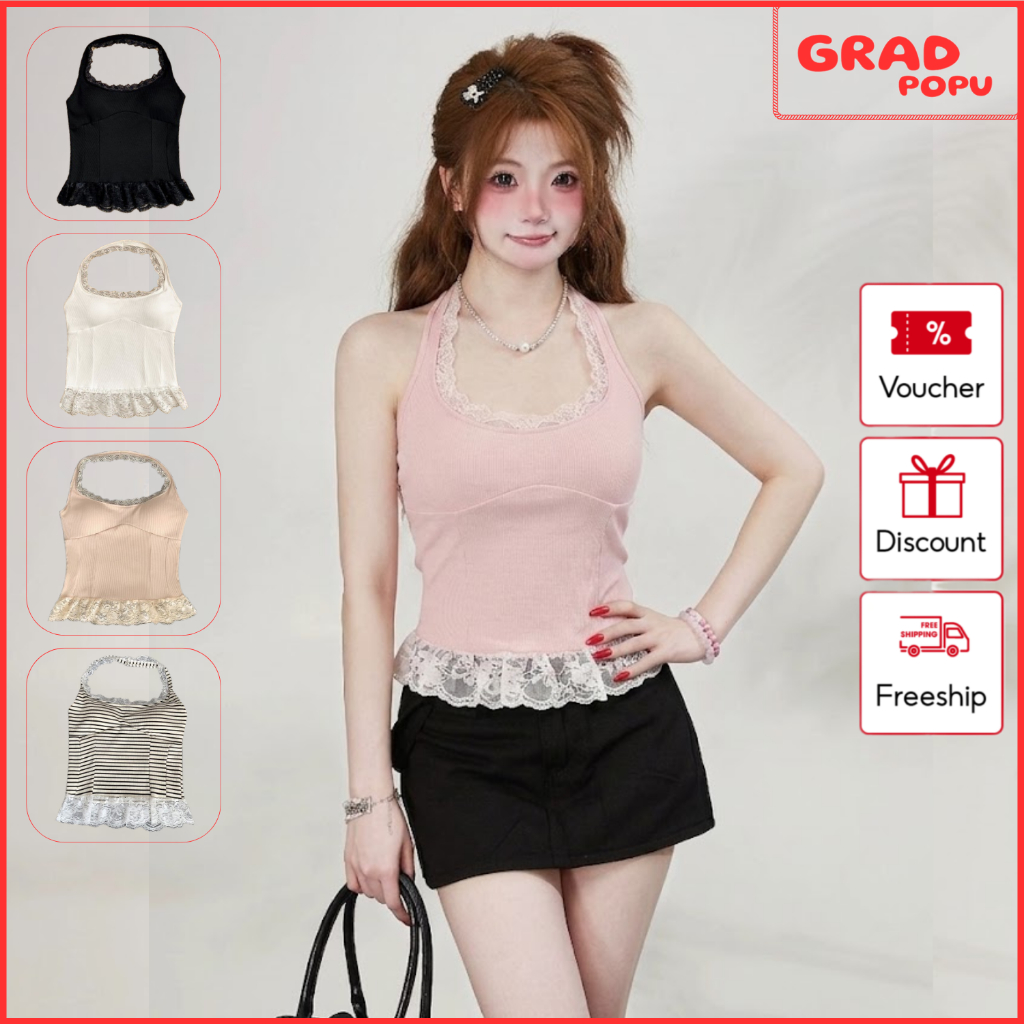 Áo 2 dây cổ yếm nữ GRADPOPU phối ren kiểu mới form ôm body gợi cảm vải gân co giãn thoáng mát PB70