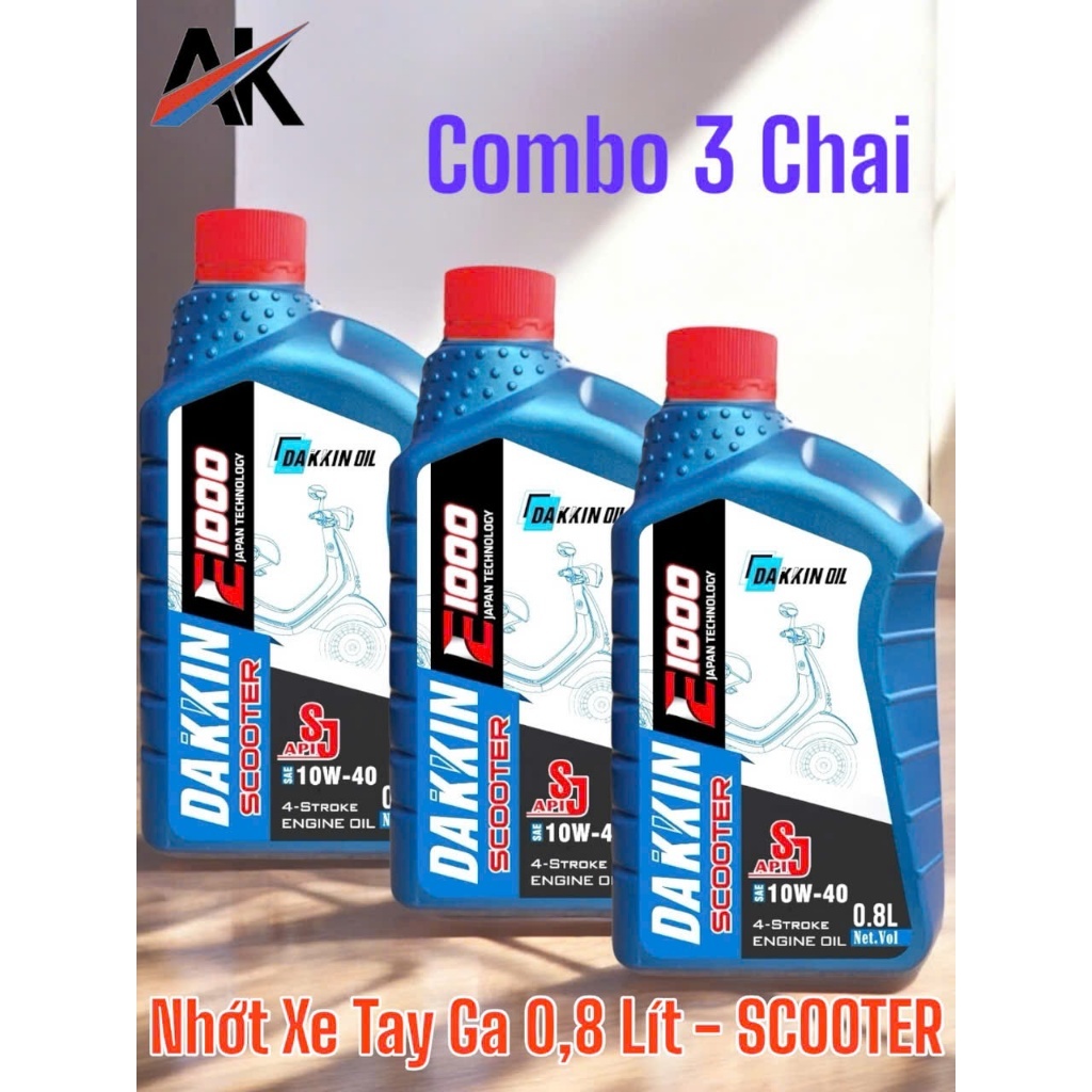 Combo 3 Chai Dầu Nhớt Dakkin Scooter E1000 10W40 API SJ JASO MB2 0.8L – Nhớt Xe Tay Ga 4T Giúp Máy Êm, Giảm Hao Mòn