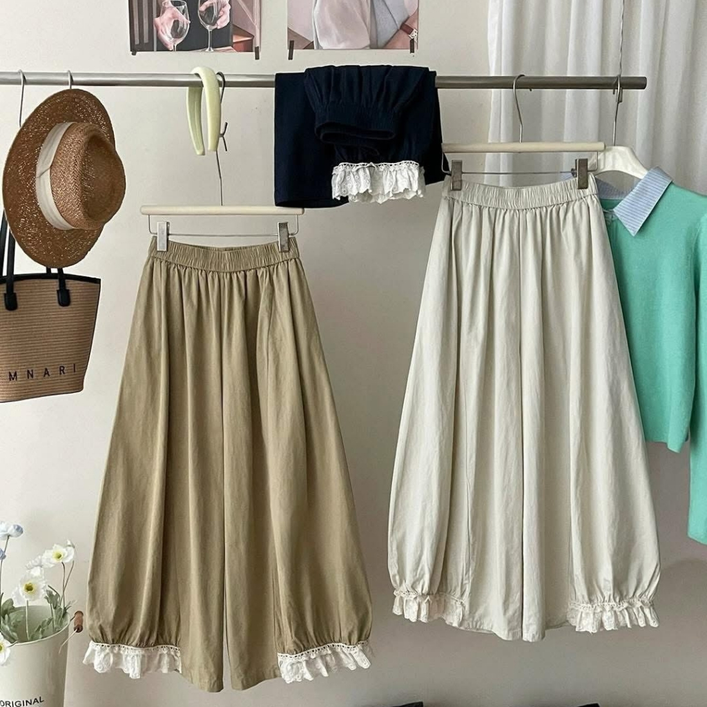 QUẦN ỐNG RỘNG ZYND - Quần thụng cotton thô ống phối ren cạp chun phong cách vintage Nhật Bản, vibe mùa thu - DĐ-M026