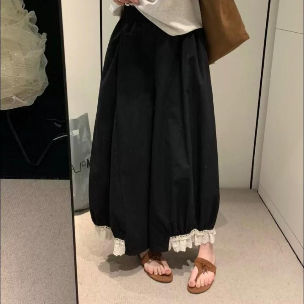 QUẦN ỐNG RỘNG ZYND - Quần thụng cotton thô ống phối ren cạp chun phong cách vintage Nhật Bản, vibe mùa thu - DĐ-M026