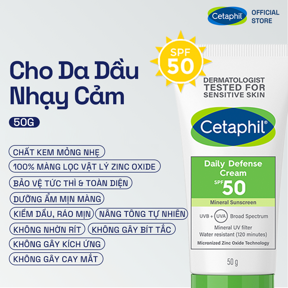 Kem Chống Nắng Dưỡng Ẩm 2in1 Cho Da Thiên Dầu Nhạy Cảm CETAPHIL Daily Defense Cream SPF50 50G