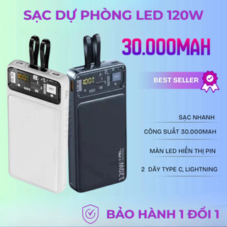 Sạc Dự Phòng 30.000mah -Công suất tối đa 120W, Tích hợp 2 Dây Sẵn, Sạc Liên Tục 4 Lần Cho IP14promax