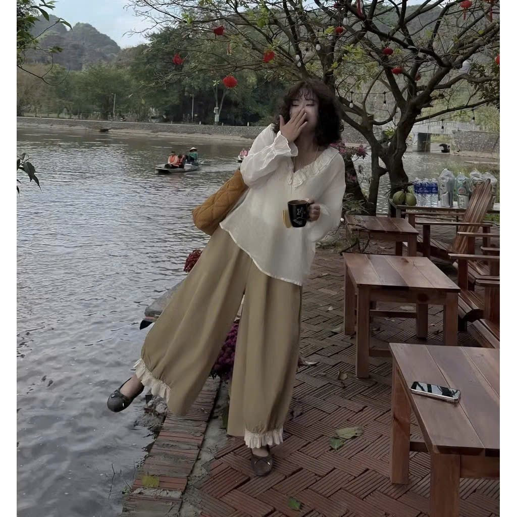 QUẦN ỐNG RỘNG ZYND - Quần thụng cotton thô ống phối ren cạp chun phong cách vintage Nhật Bản, vibe mùa thu - DĐ-M026