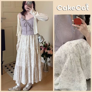Chân Váy Midi Dài Hoa Nhí Xếp Tầng Vải Đũi Xốp Lưng Chun Dáng Xòe Vintage Nàng Thơ CV1001- Cakecat