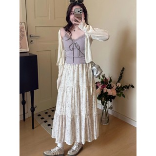 Chân Váy Midi Dài Hoa Nhí Xếp Tầng Vải Đũi Xốp Lưng Chun Dáng Xòe Vintage Nàng Thơ CV1001- Cakecat