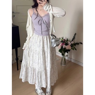 Chân Váy Midi Dài Hoa Nhí Xếp Tầng Vải Đũi Xốp Lưng Chun Dáng Xòe Vintage Nàng Thơ CV1001- Cakecat