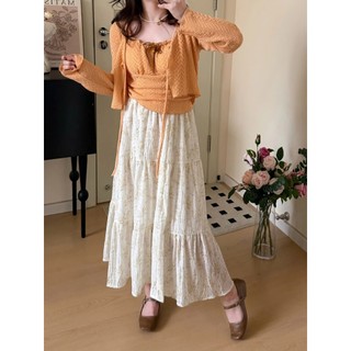 Chân Váy Midi Dài Hoa Nhí Xếp Tầng Vải Đũi Xốp Lưng Chun Dáng Xòe Vintage Nàng Thơ CV1001- Cakecat