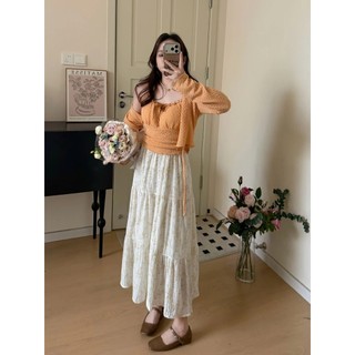 Chân Váy Midi Dài Hoa Nhí Xếp Tầng Vải Đũi Xốp Lưng Chun Dáng Xòe Vintage Nàng Thơ CV1001- Cakecat