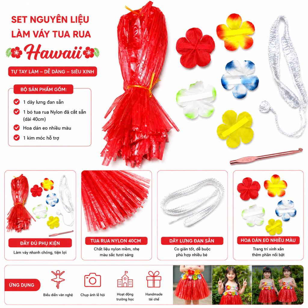 Set nguyên liệu làm váy tua rua Hawaii cho bé | Combo DIY váy biểu diễn tái chế đầy đủ phụ kiện