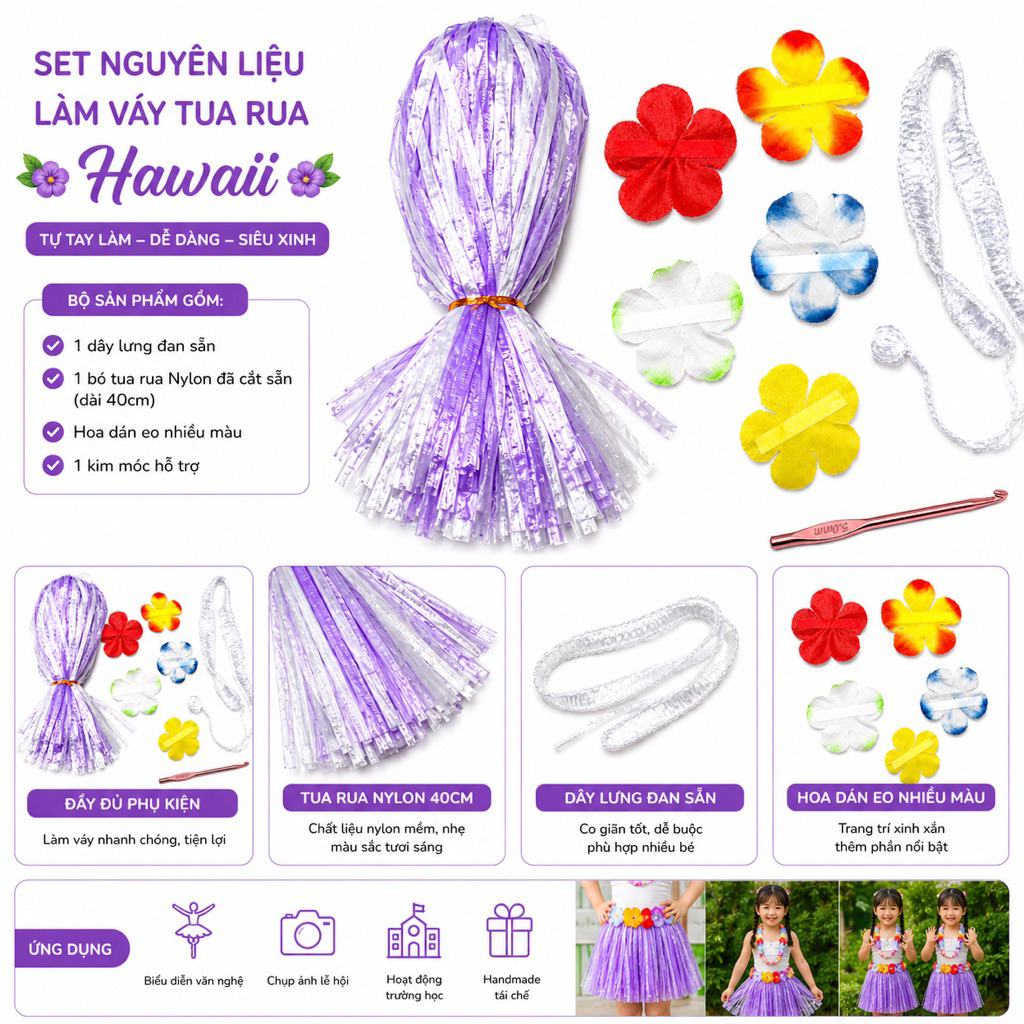 Set nguyên liệu làm váy tua rua Hawaii cho bé | Combo DIY váy biểu diễn tái chế đầy đủ phụ kiện