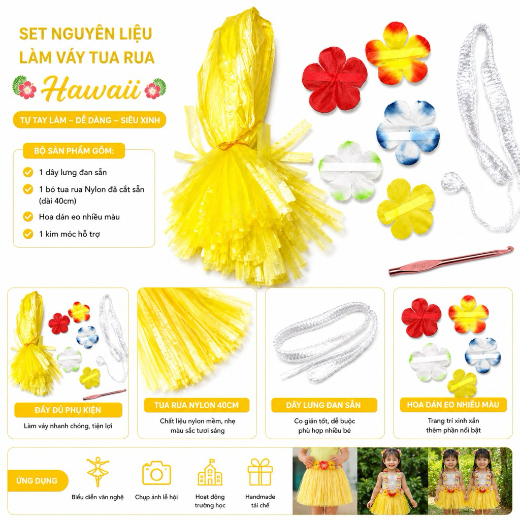 Set nguyên liệu làm váy tua rua Hawaii cho bé | Combo DIY váy biểu diễn tái chế đầy đủ phụ kiện